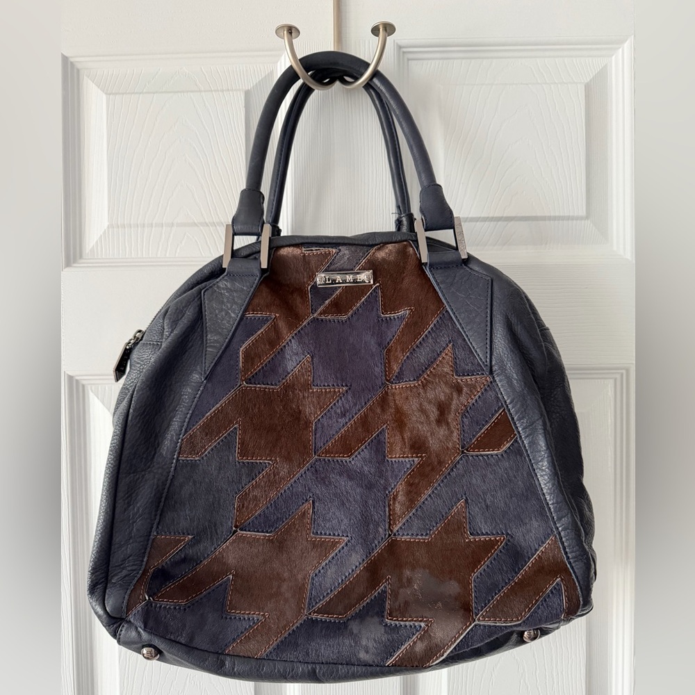 L.A.M.B Navy and Brown Leather Houndstooth Handbag
